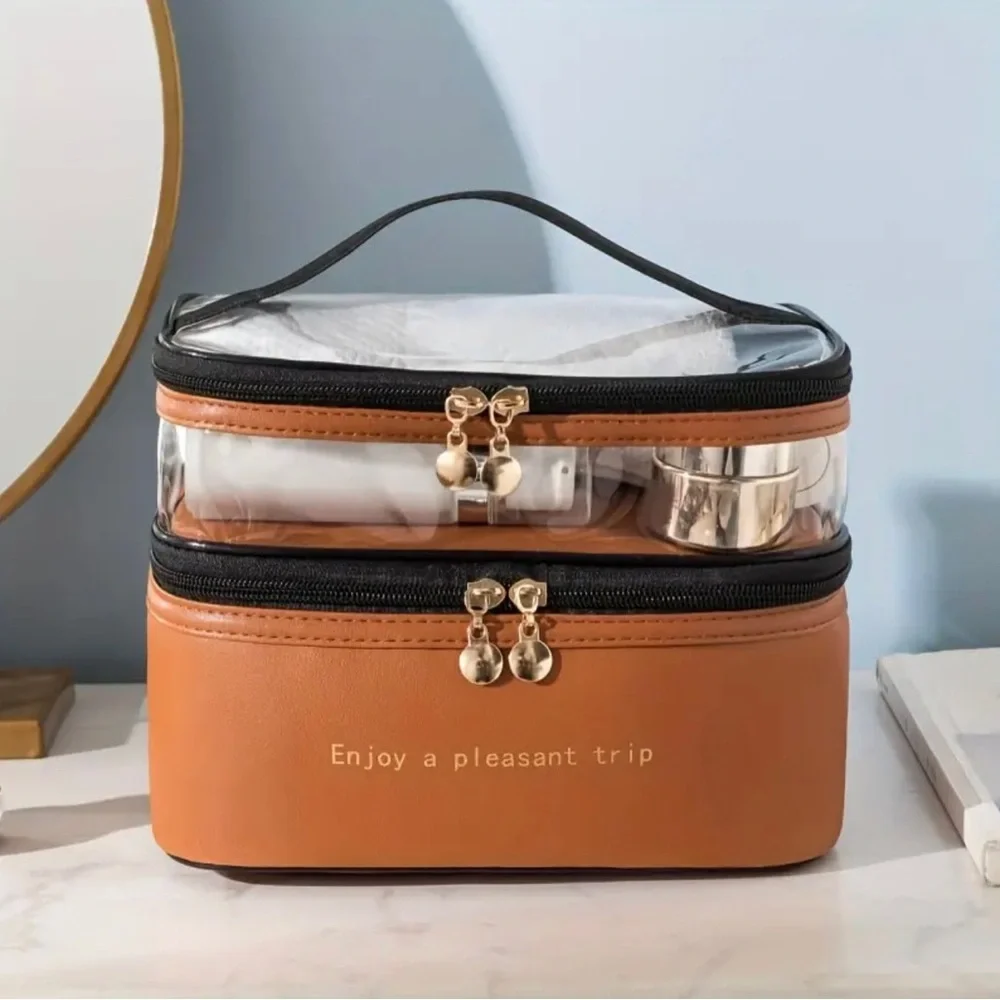 Double-Layer Cosmetic Bag with Large Capacity for Travel and Toiletries
